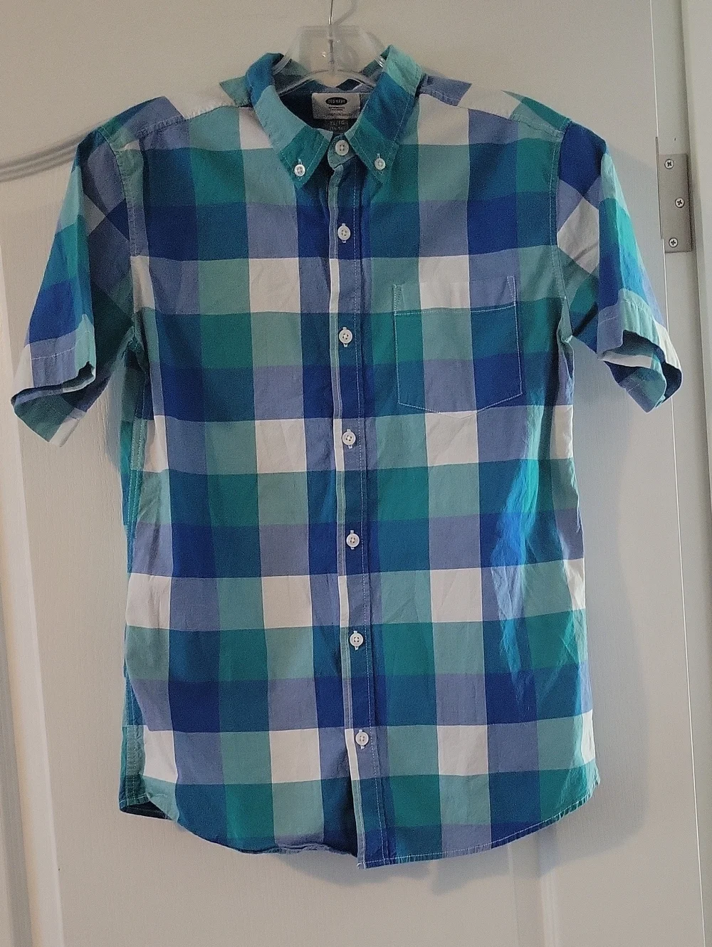 Old Navy Blue, Teal & White Plaid Short-Sleeve Button-Down Shirt